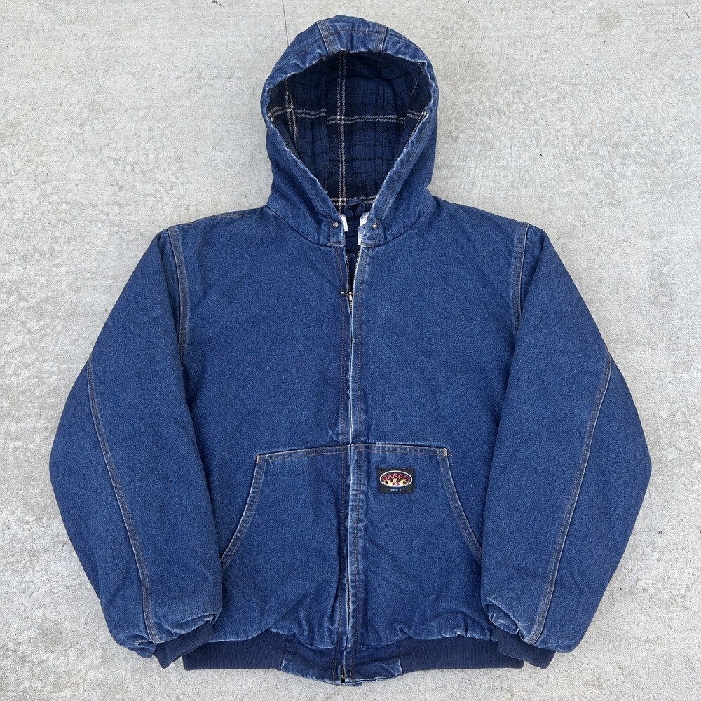 Rasco FR Blue Denim Jacket Large Carhartt-Style A$AP Plaid Lined Hooded Work